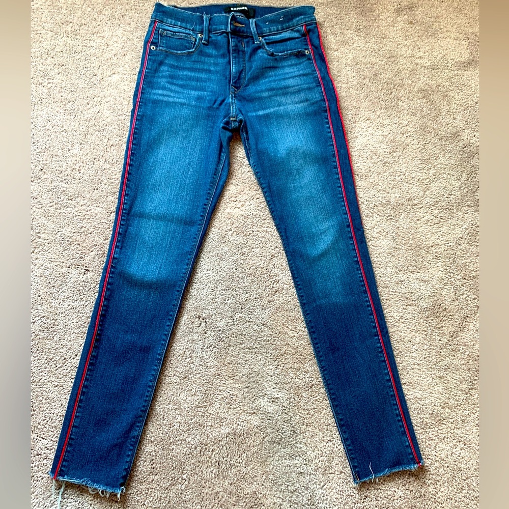 Express Mid Rise Dark Wash Red Stripe Raw Hem Skinny Jeans